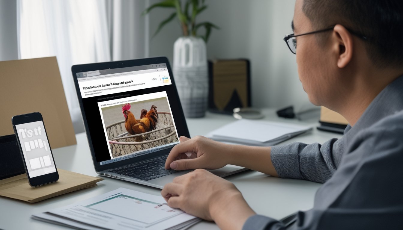 Seseorang memeriksa siaran turnamen sabung ayam melalui laptop dan dokumen.