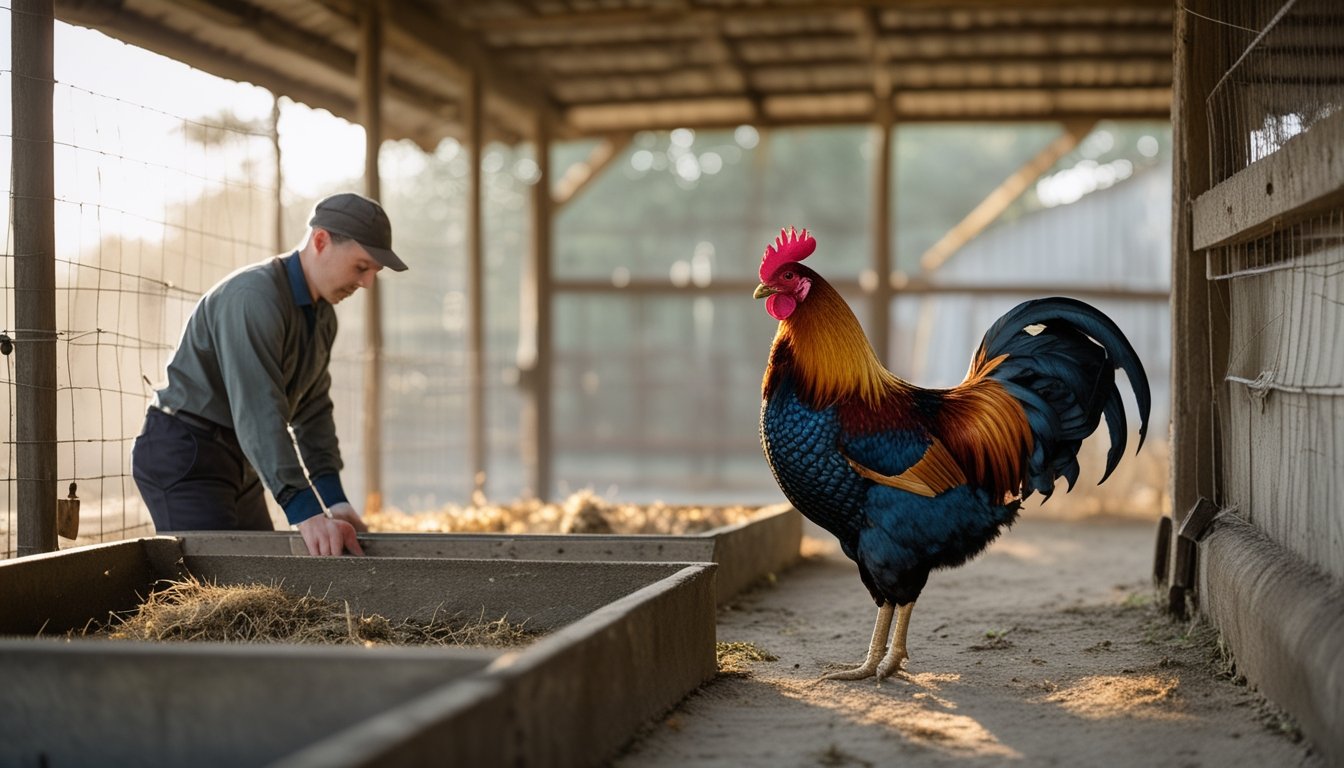 Seekor ayam jantan diamati oleh seorang pengurus di kandang yang bersih.