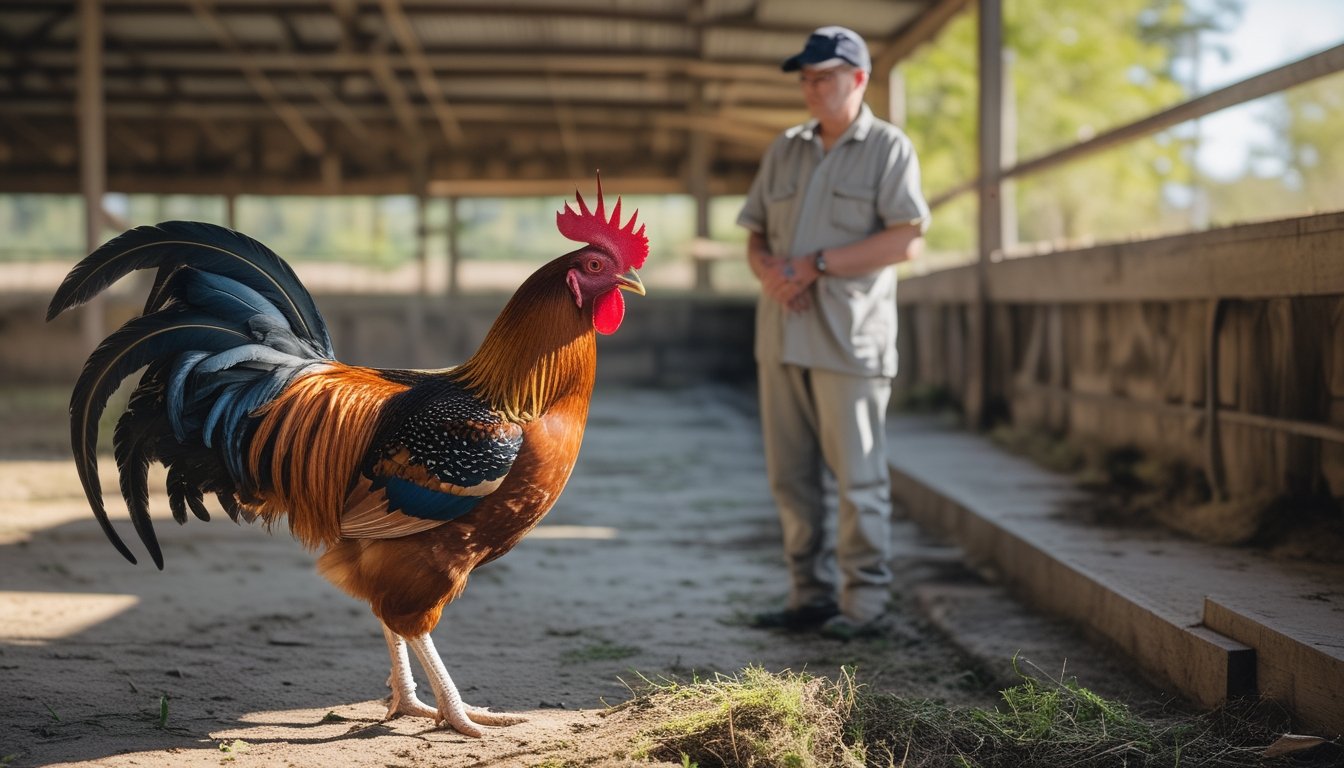 Seekor ayam jantan sehat berdiri di kandang bersih sementara seorang pengasuh mengamatinya.