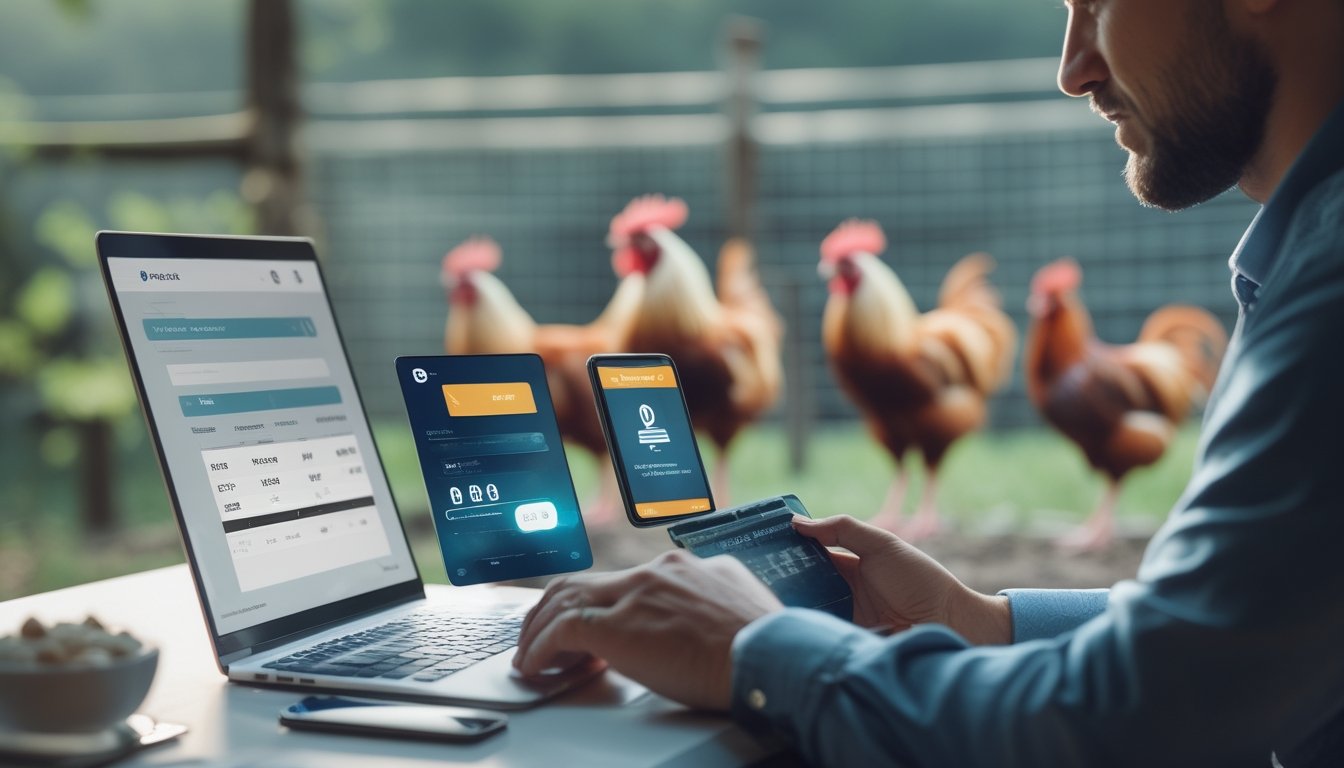 Seseorang menggunakan laptop dan ponsel untuk memeriksa transaksi, dengan latar belakang kandang ayam.