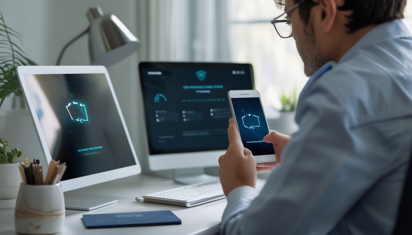 Seseorang memeriksa ponsel dan laptop dengan kartu bank di meja.