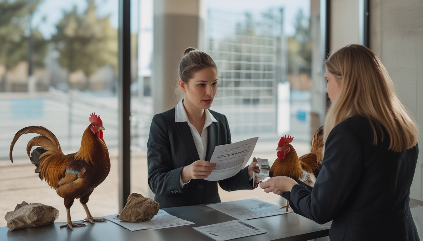 Penasihat hukum dan petugas kesejahteraan hewan berbicara dengan warga di dekat seekor ayam jantan yang sehat.