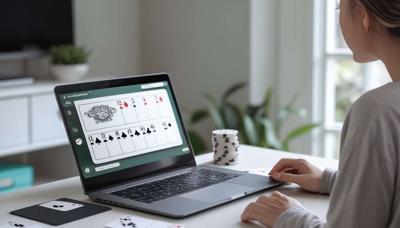 Seorang pemula mempelajari permainan poker di laptop dengan kartu dan keping di meja.