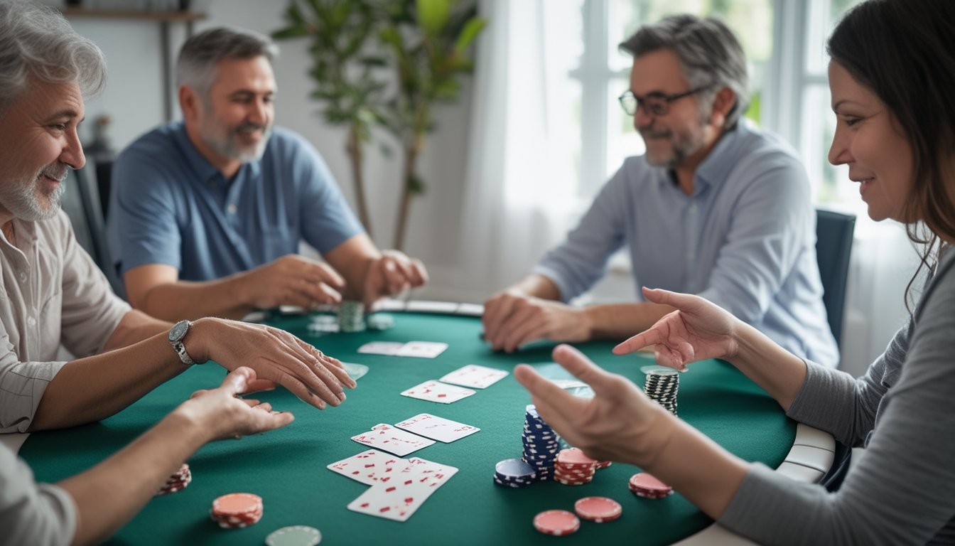 Beberapa orang dewasa belajar bermain poker di meja dengan kartu dan keping poker.