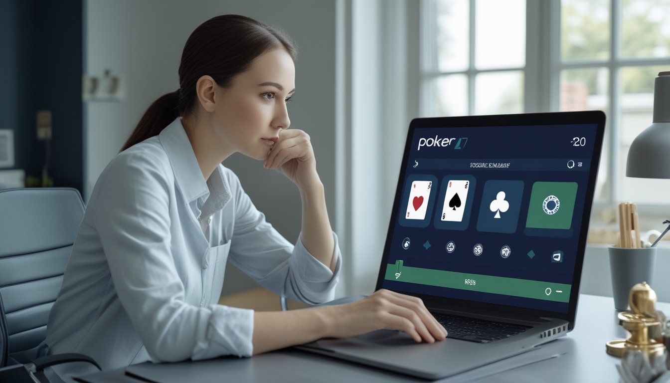 Seseorang memeriksa antarmuka poker di laptop dengan simbol perisai dan tanda centang.