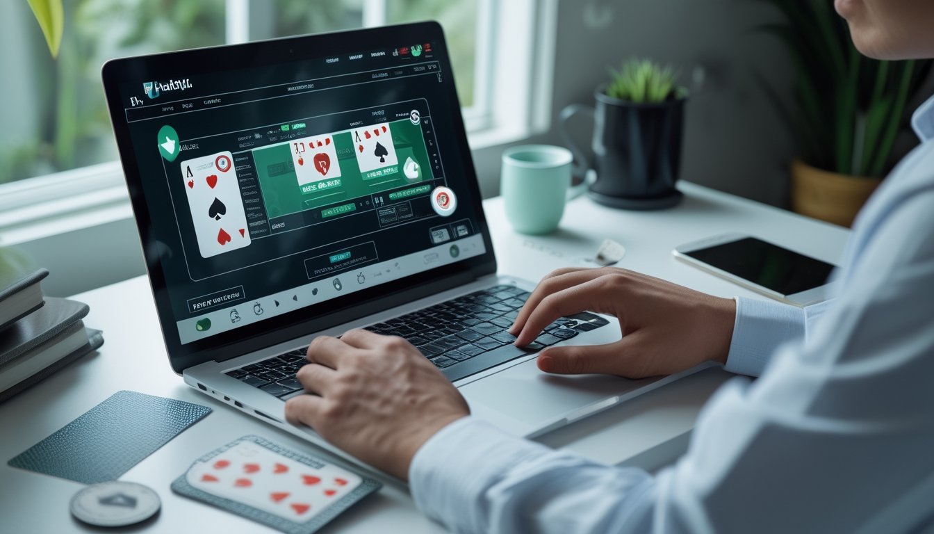 Seorang pemain memeriksa situs poker di laptop dengan simbol keamanan di dekatnya.