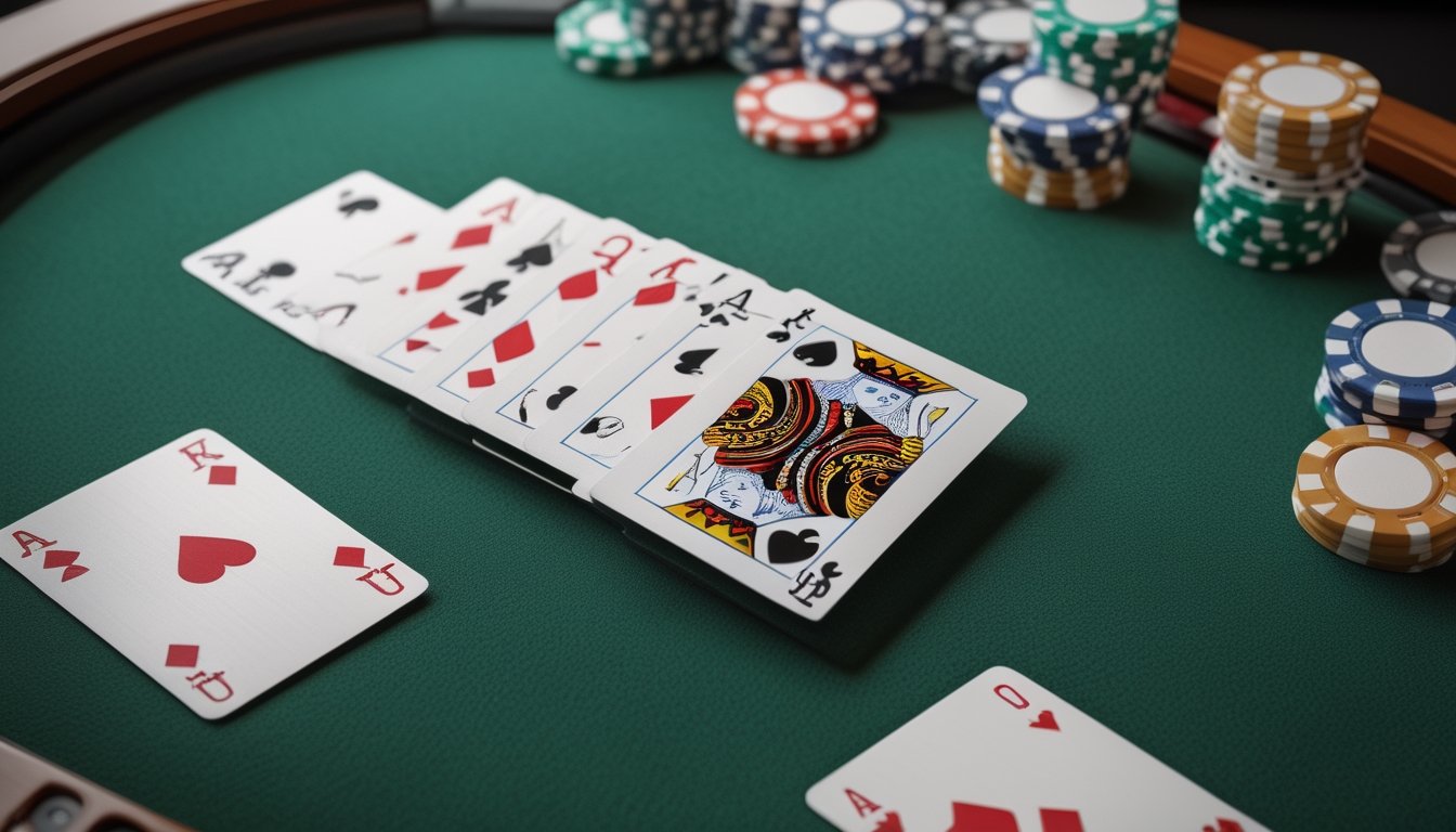 Lima kartu royal flush tersusun di atas meja poker hijau dengan beberapa keping chip di dekatnya.