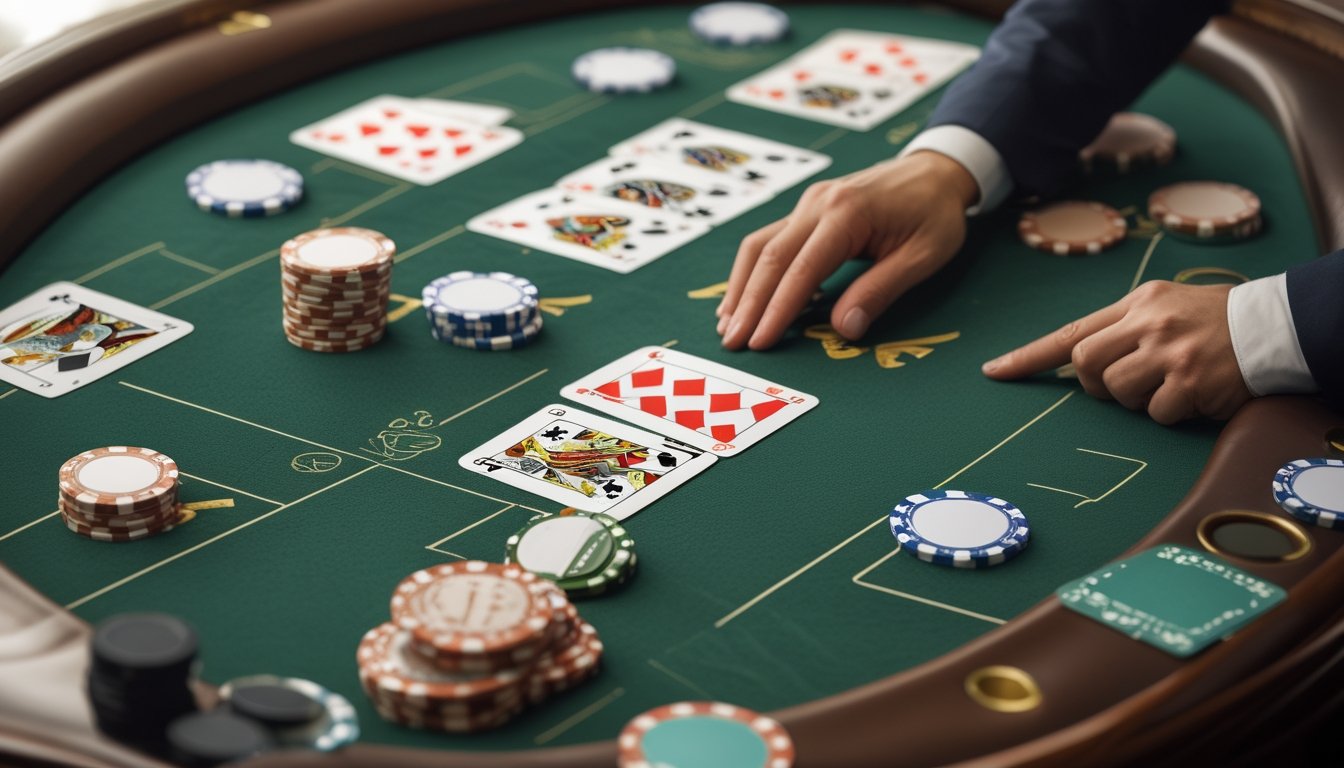 Kombinasi kartu poker tersusun di atas meja hijau dengan keping taruhan.