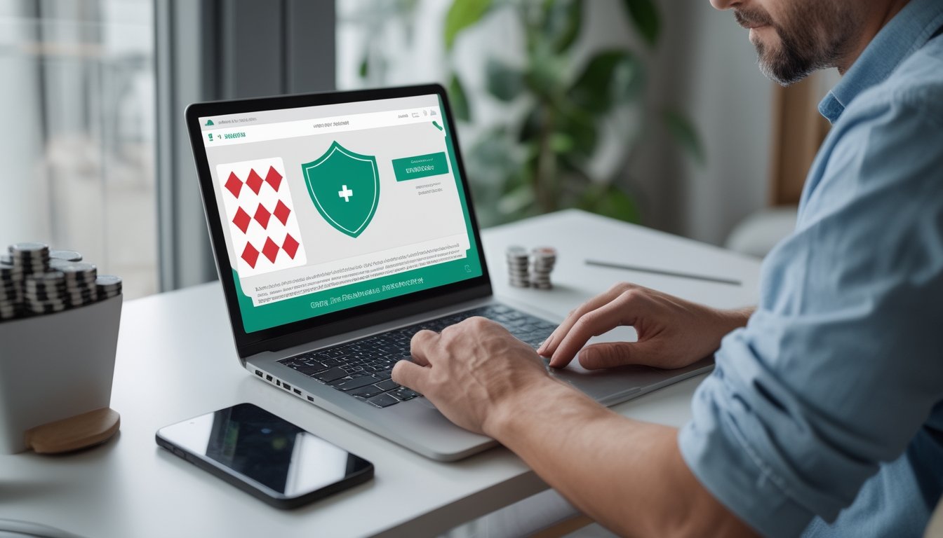 Seseorang menggunakan laptop untuk mendaftar akun poker online, dengan ponsel dan beberapa keping chip di meja.