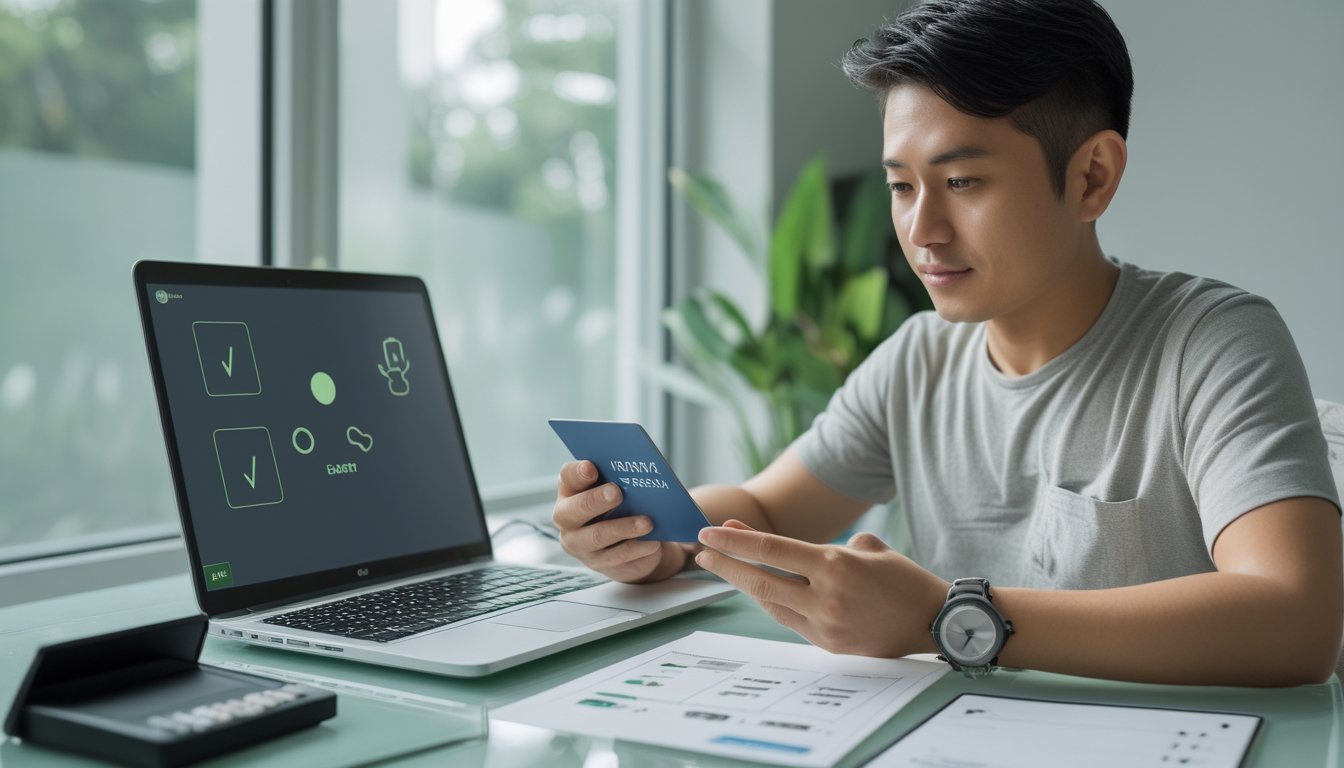 Seseorang memeriksa laptop dan ponsel di meja dengan daftar cek dan kalkulator.