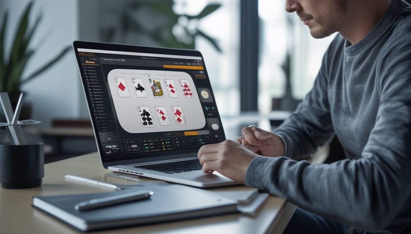 Seorang pemain mempelajari permainan poker daring di laptop dengan kartu dan keping poker di meja.