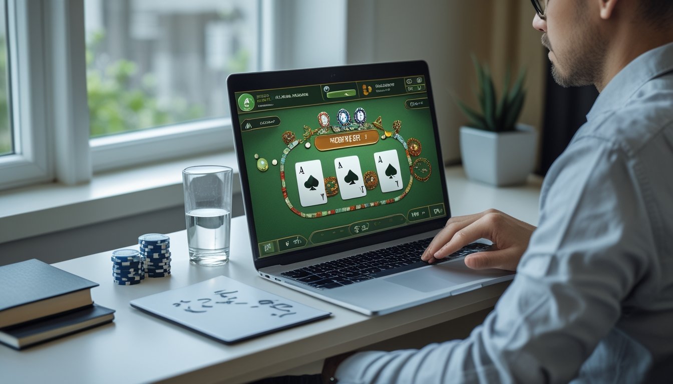 Seorang pemain poker mempelajari permainan di laptop sambil mempertimbangkan langkah berikutnya.