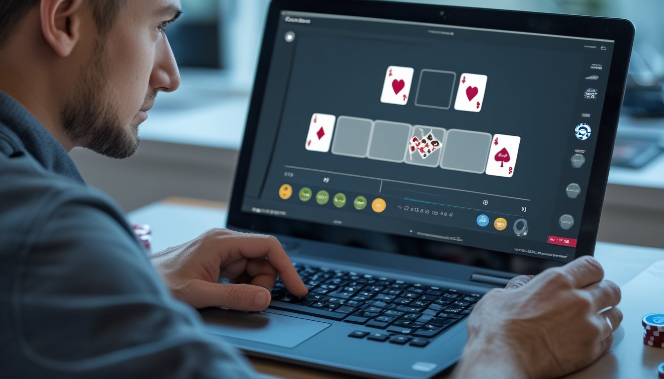 Seorang pemain poker mengamati permainan kartu di laptop dengan saksama.