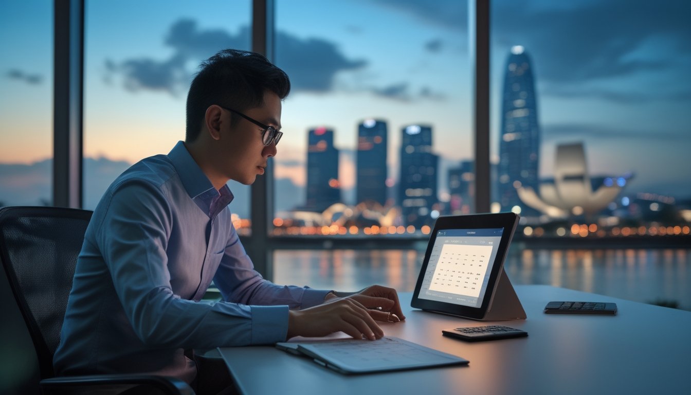 Seorang analis memeriksa grafik di meja kantor dengan latar cakrawala Singapura.