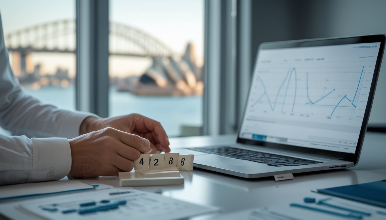 Seseorang menyusun keping-keping kosong di meja kerja dengan laptop dan pemandangan pelabuhan Sydney.