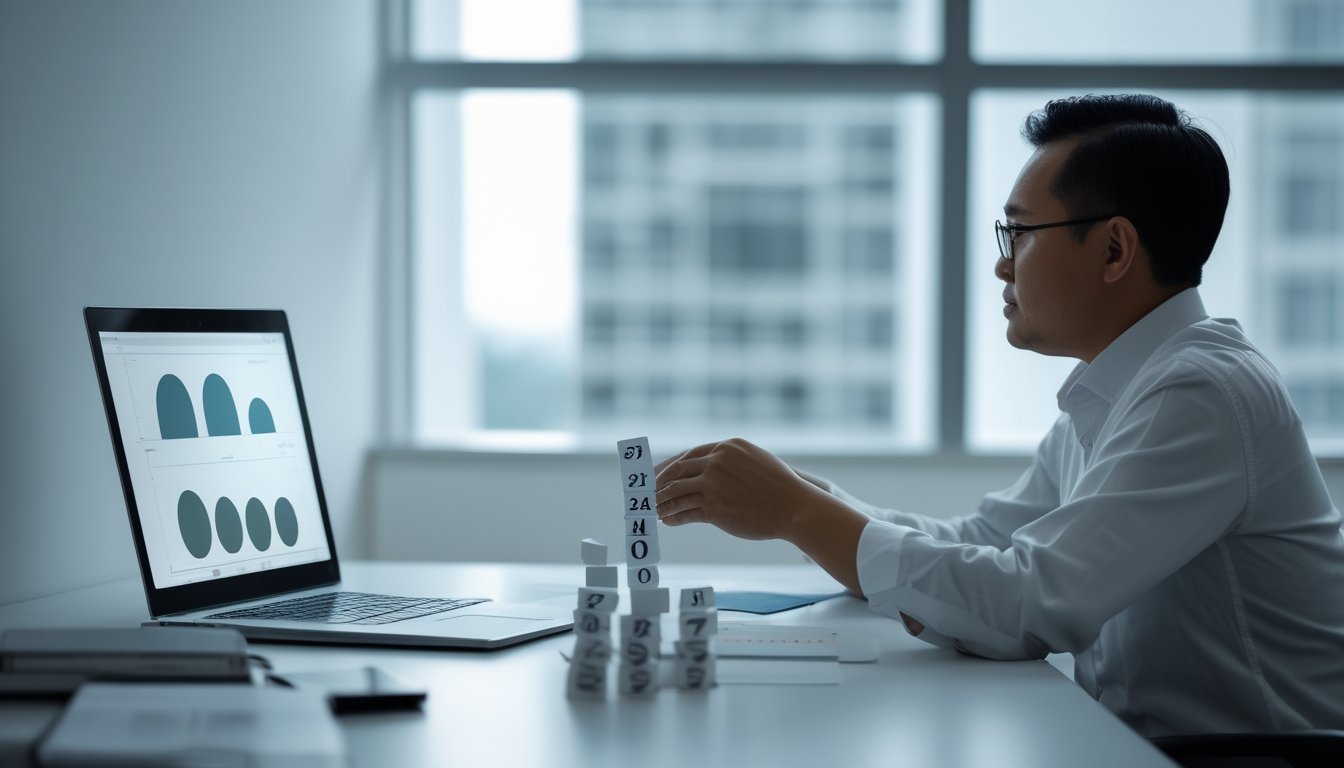 Seorang analis mengamati bola bernomor dan grafik di meja kerja.