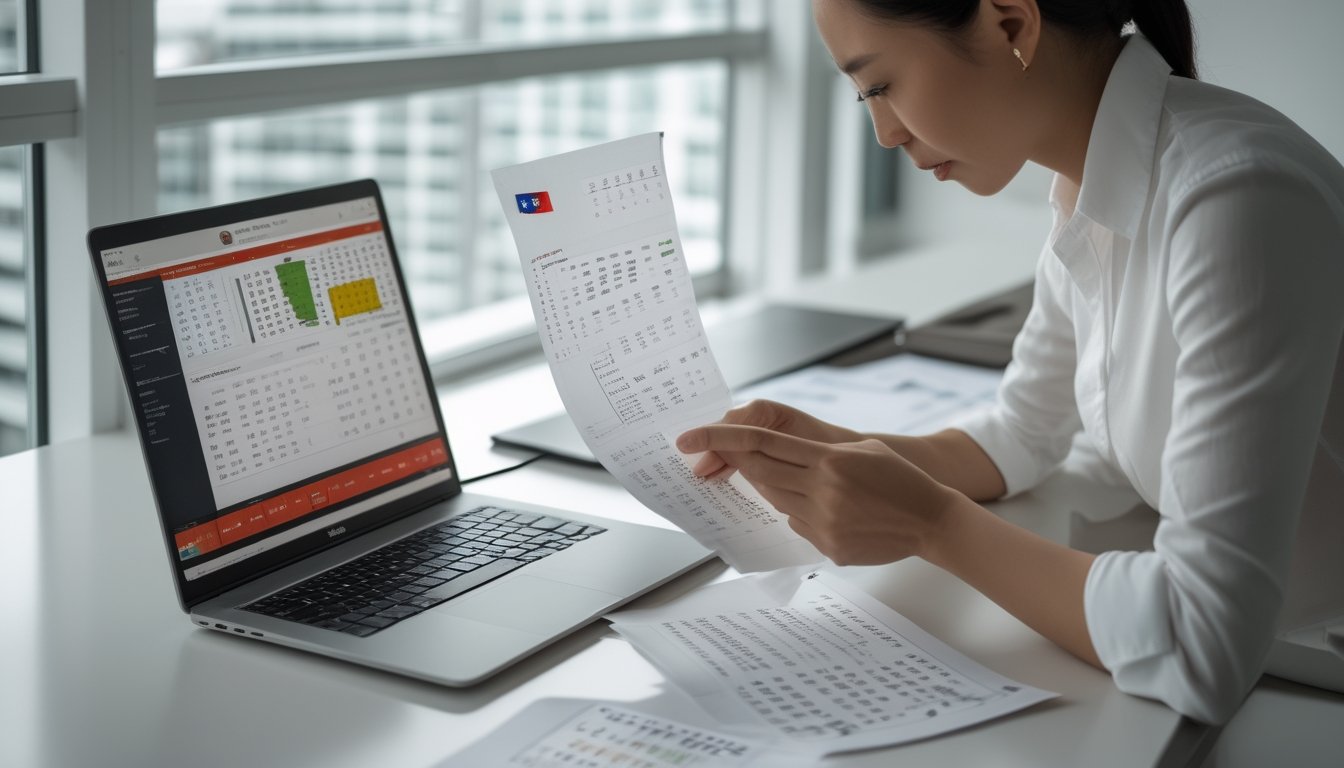 Seorang analis membandingkan tabel dan grafik data di meja kerja.
