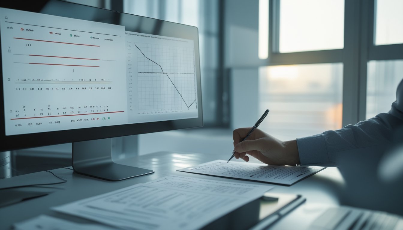 Seseorang menganalisis grafik dan lembar data di meja kerja.