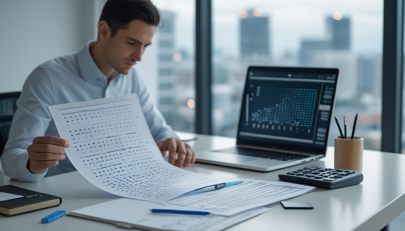 Seorang analis mengamati pola data di meja kerja.
