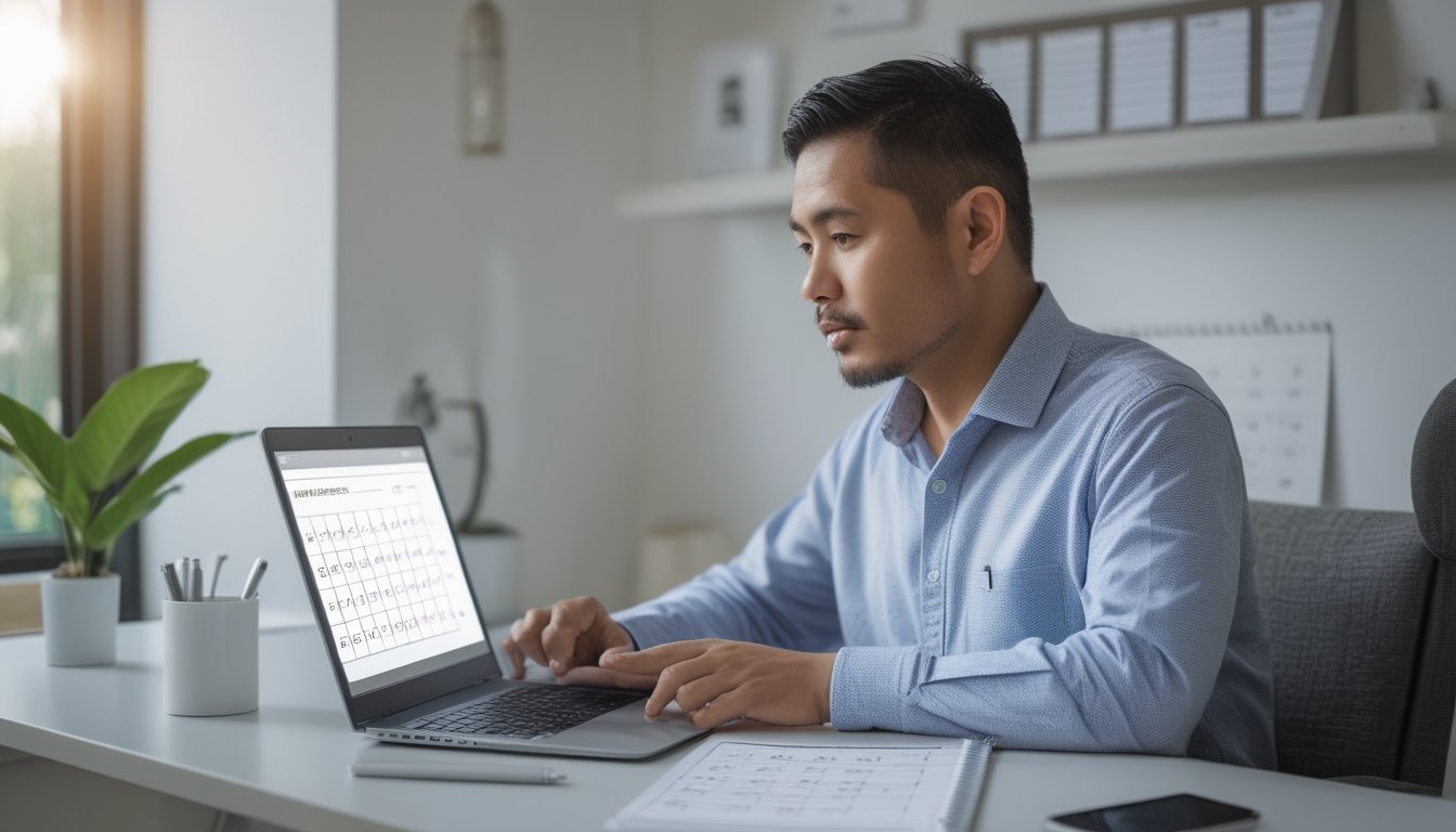 Seorang pria dewasa meninjau angka di laptop dan buku catatan di meja.