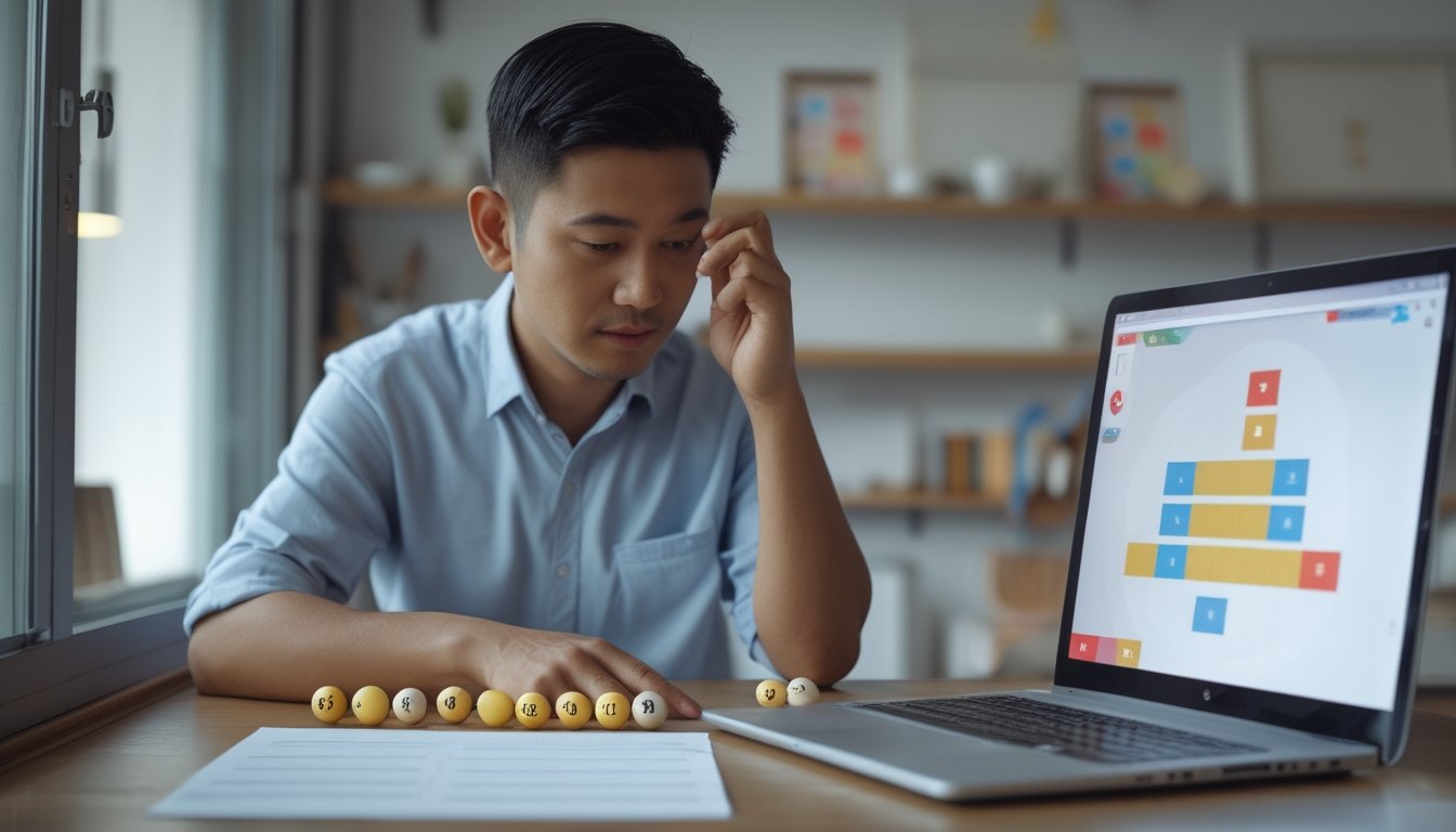 Seseorang meninjau bola bernomor di meja kerja sambil melihat laptop.