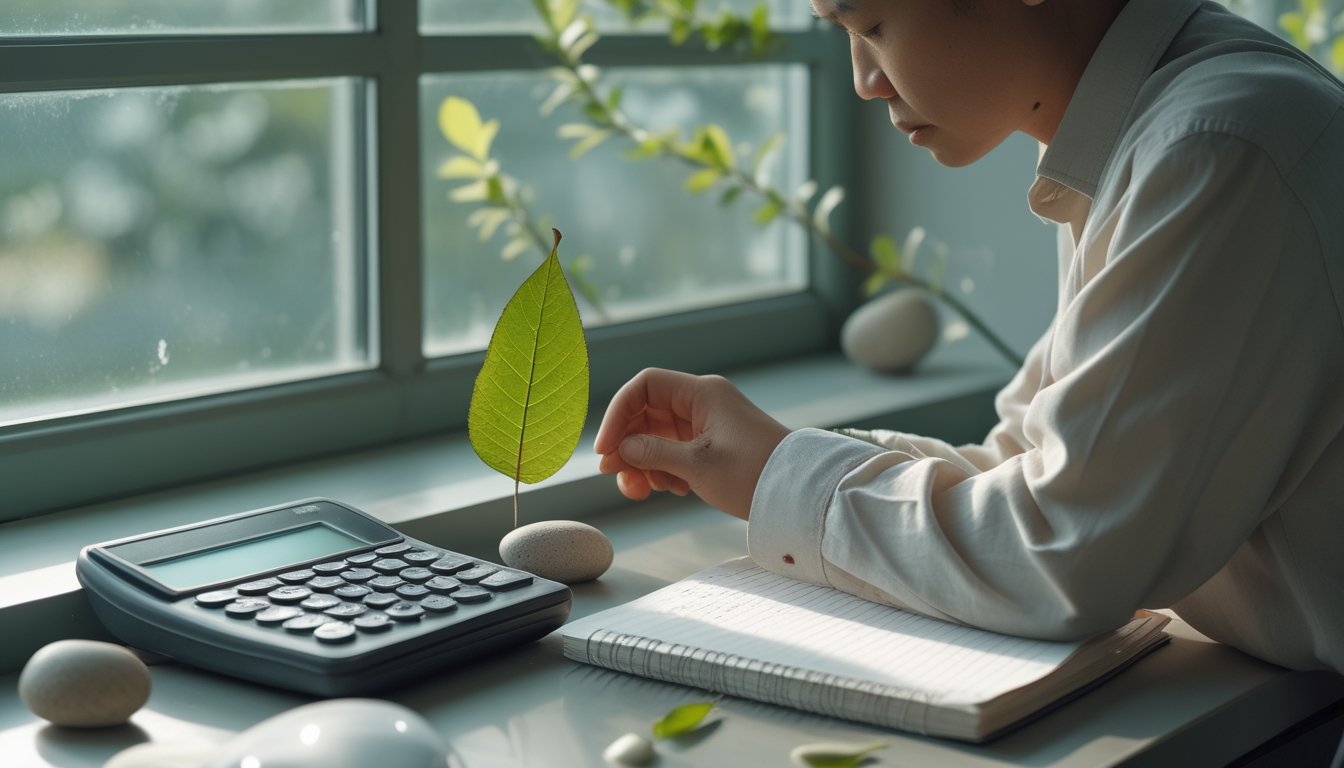 Seseorang mengamati kupu-kupu, daun, batu, dan kelopak bunga di meja.