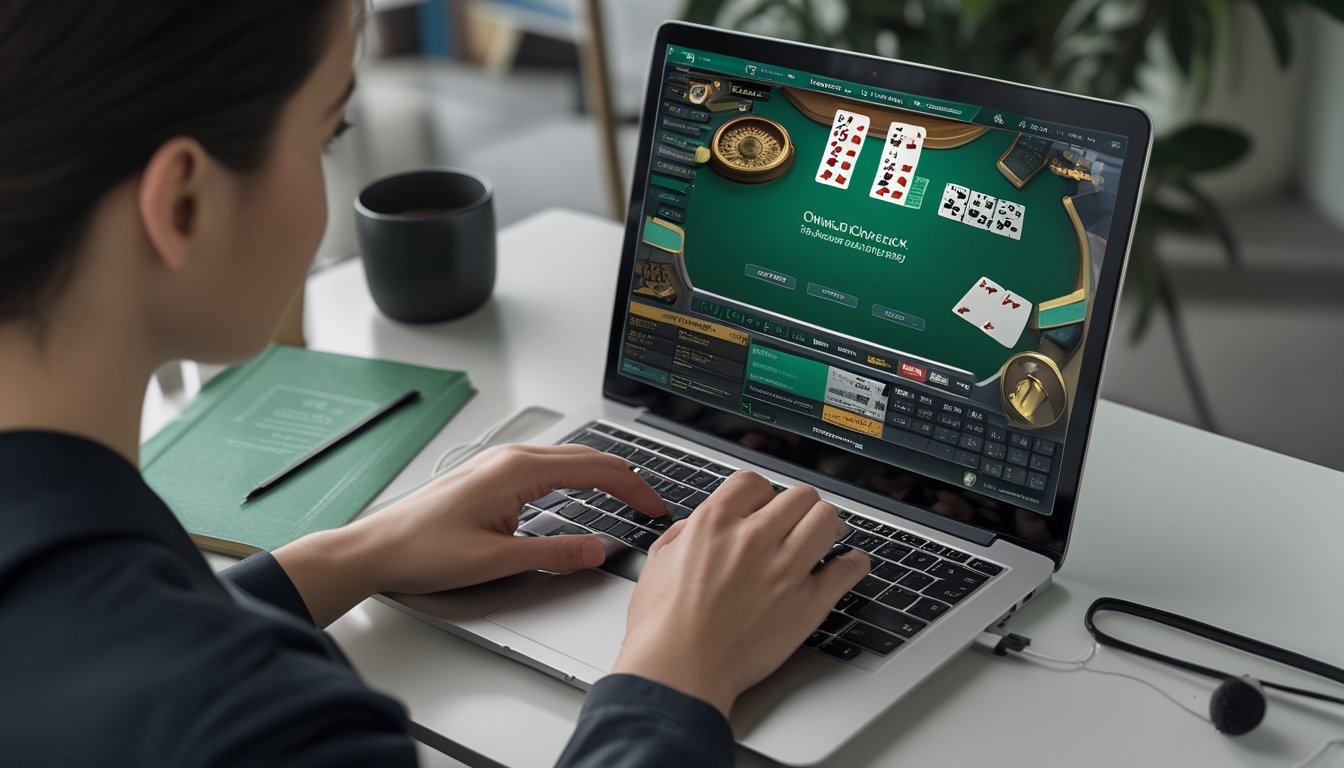 Seseorang mempelajari permainan blackjack di laptop dengan kartu dan keping di atas meja.