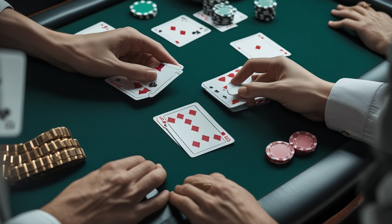Pemain dan dealer menata kartu blackjack di atas meja hijau dengan beberapa keping taruhan.