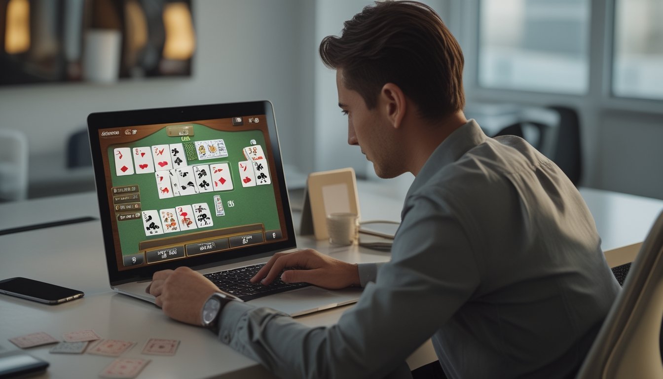 Seorang pemain mengamati kartu blackjack di layar laptop sambil memegang kartu.