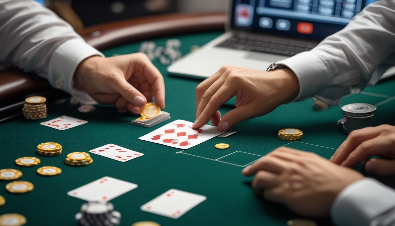 Pemain dan dealer mengatur kartu blackjack di atas meja hijau dengan beberapa keping taruhan.