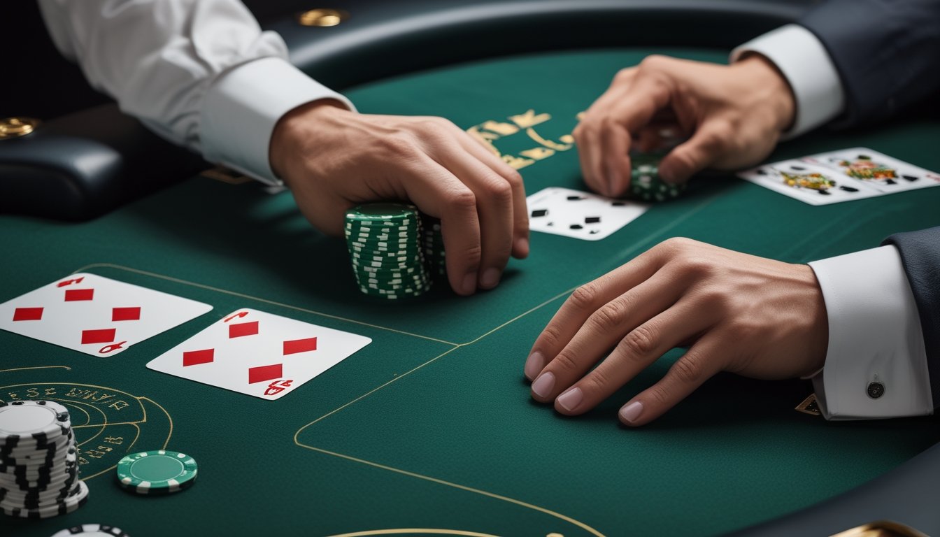 Dua tangan blackjack di meja, satu mendapat kartu tambahan dan satu lagi dipisah menjadi dua.
