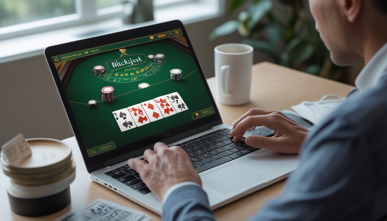 Seorang pemain blackjack online mempertimbangkan langkah berikutnya di depan laptop.