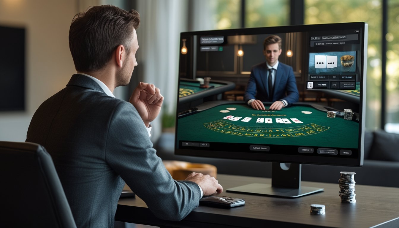 Seorang pemain mengamati dealer blackjack langsung di layar.