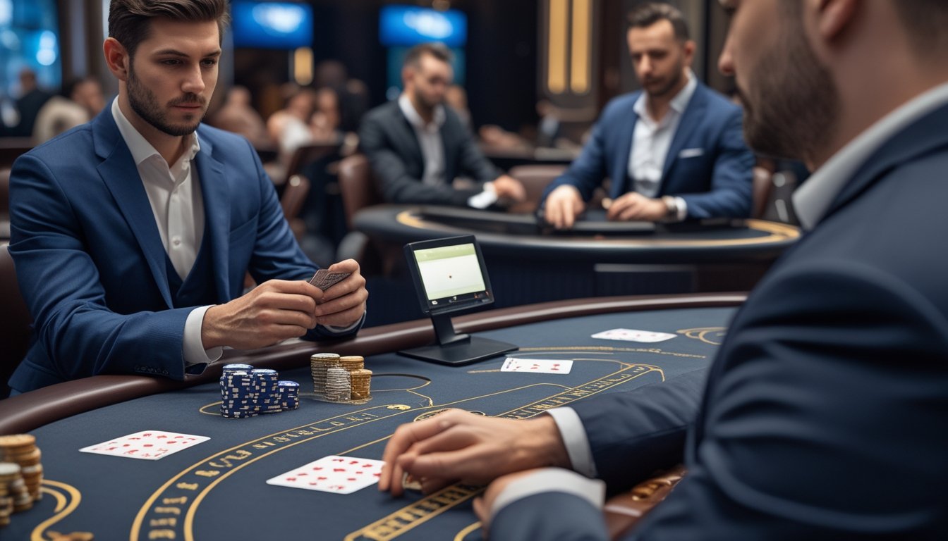 Pemain blackjack memperhatikan kartu di meja sementara dealer membagikan kartu.