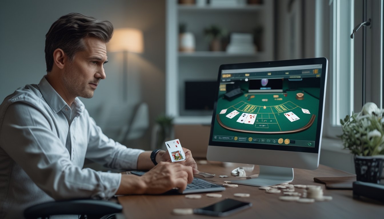 Seorang pemula tampak ragu saat bermain blackjack daring di depan laptop.