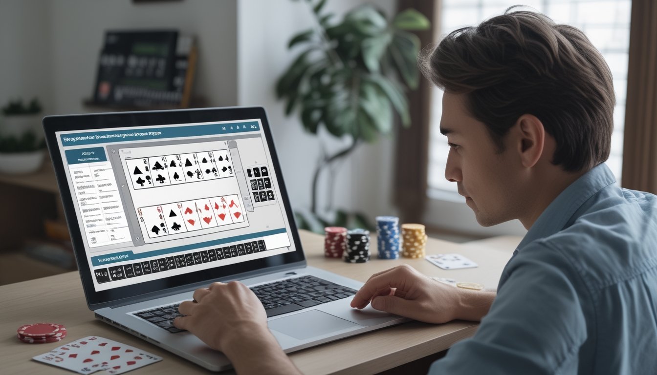 Seorang pemula mempelajari kartu blackjack di laptop sebelum memasang taruhan.