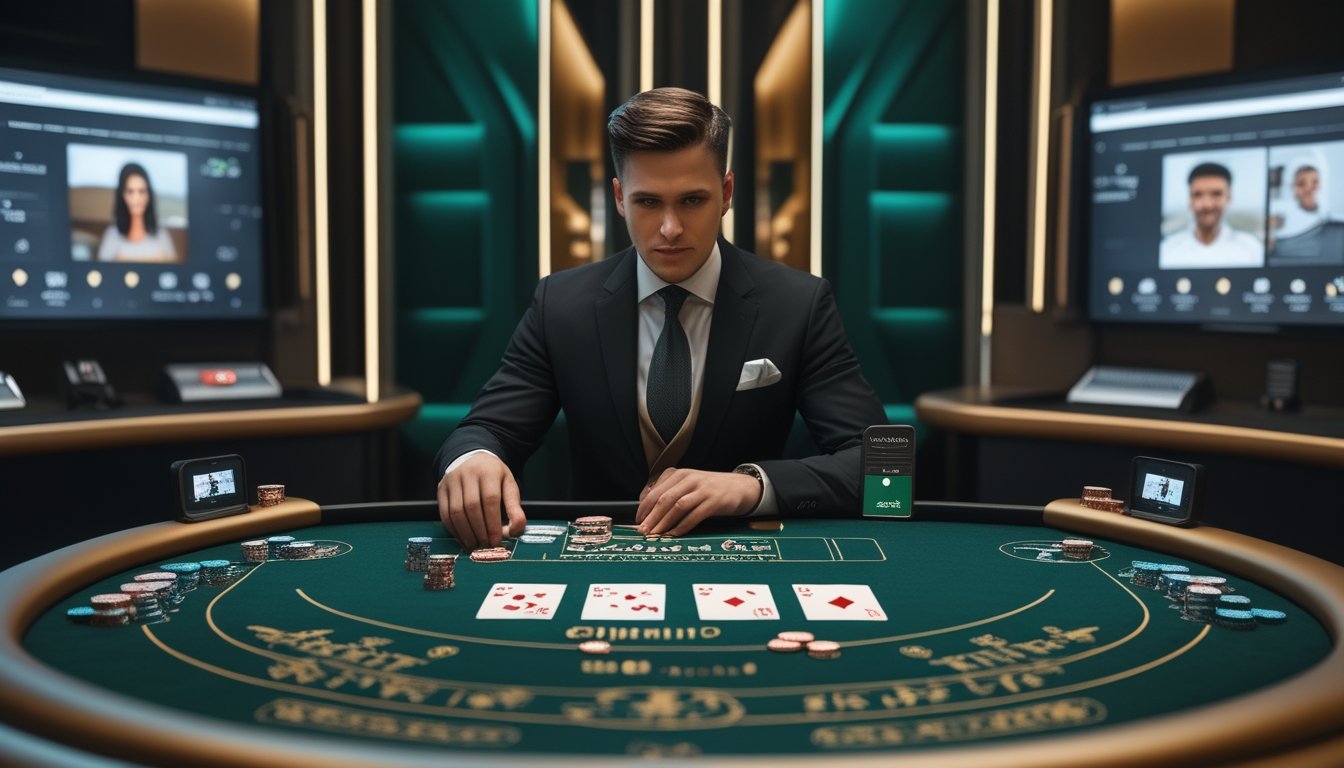 Seorang dealer membagikan kartu blackjack di meja, dengan pemain terlihat melalui layar.