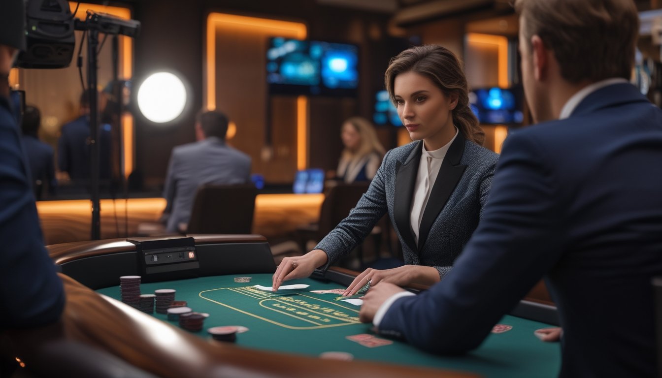 Dealer membagikan kartu blackjack kepada para pemain di meja kasino.