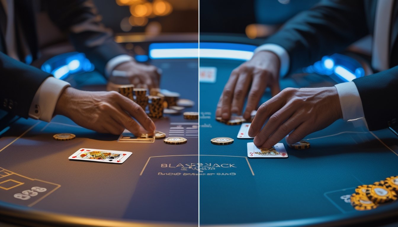 Meja blackjack dengan kartu dan keping yang menggambarkan suasana klasik dan modern.