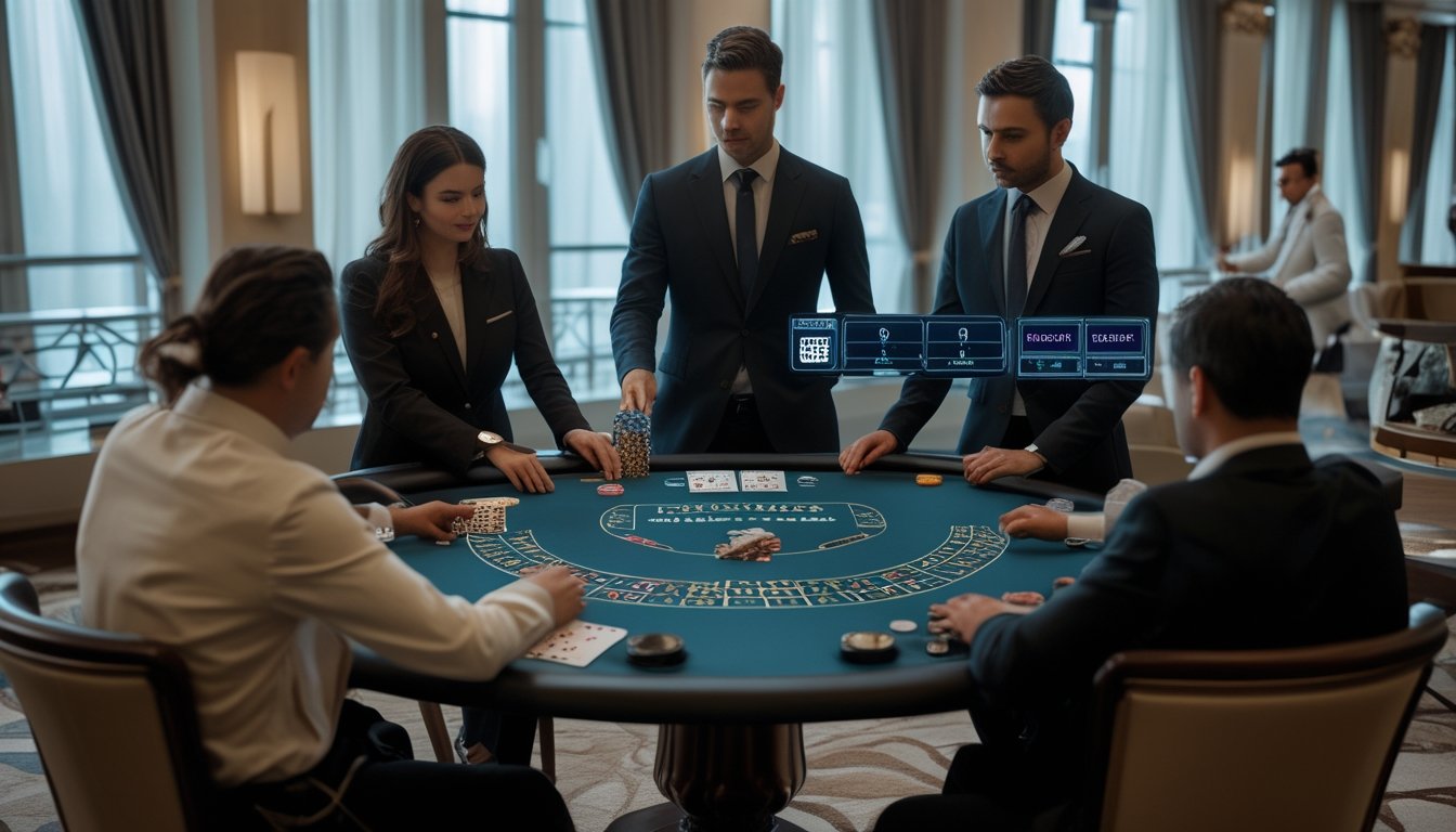 Dealer dan pemain dewasa bermain blackjack di meja dengan kartu fisik dan tampilan digital.