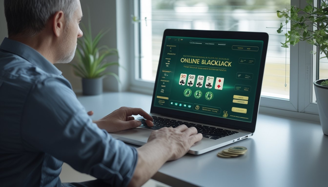 Seorang pemain memeriksa permainan blackjack online di laptop.
