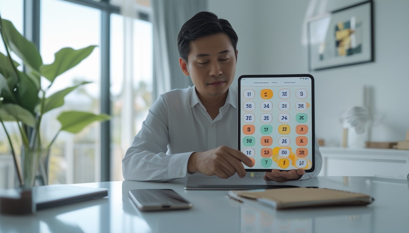 Seorang dewasa melihat kisi angka pada tablet di meja.