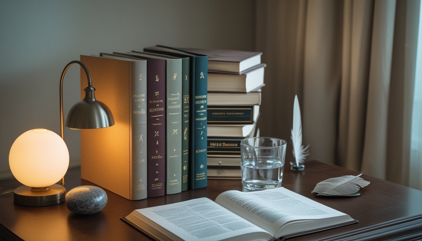 Kumpulan buku terbuka dan tertutup di atas meja dengan lampu serta beberapa benda simbolis.
