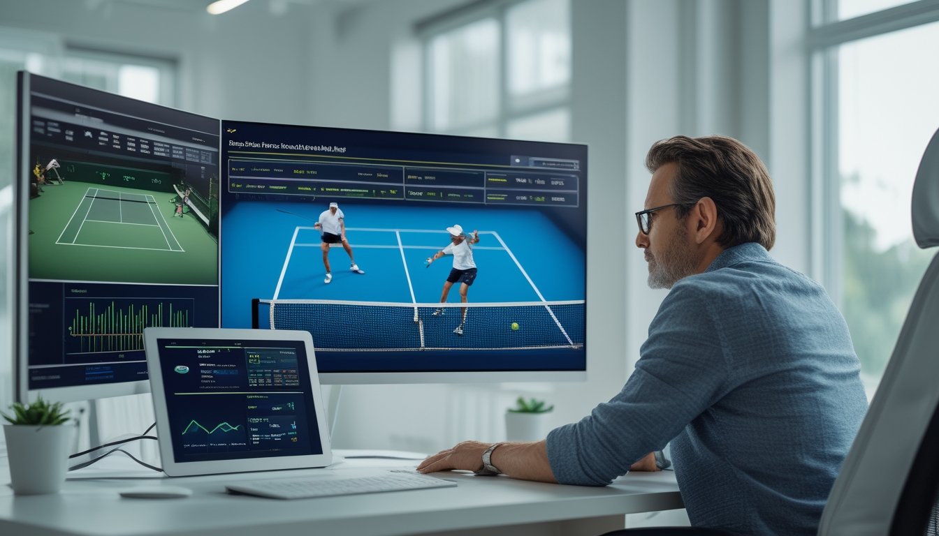 Seorang analis mengamati pertandingan tenis di layar sambil meninjau grafik performa pemain.