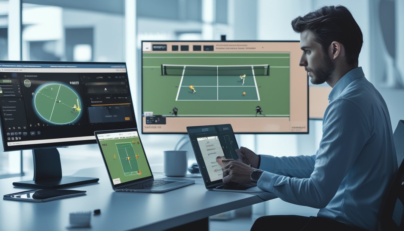 Seorang analis mengamati pertandingan tenis sambil meninjau grafik performa di layar.