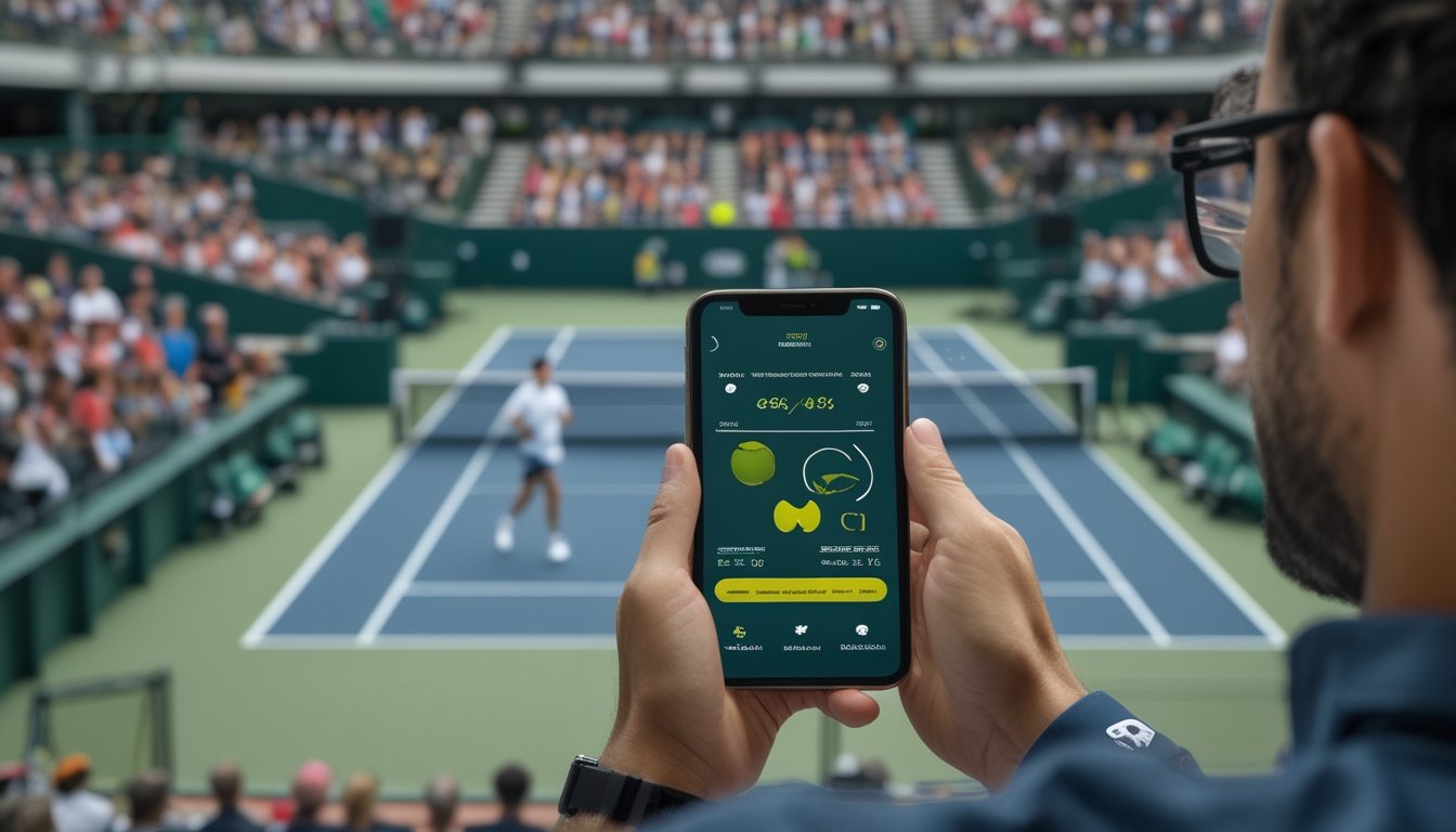 Pertandingan tenis berlangsung di lapangan, sementara seorang penonton memantau ponsel.