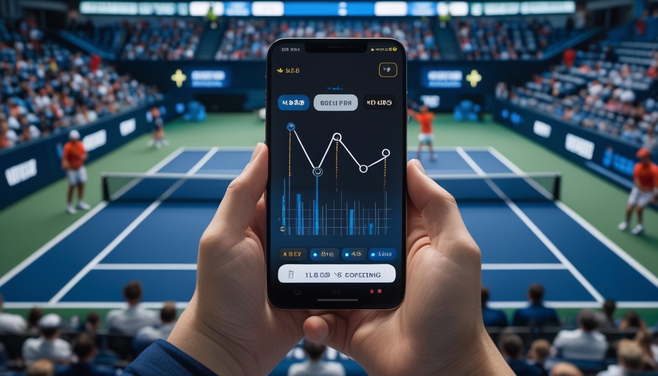 Penonton melihat grafik odds di ponsel saat pertandingan tenis berlangsung.