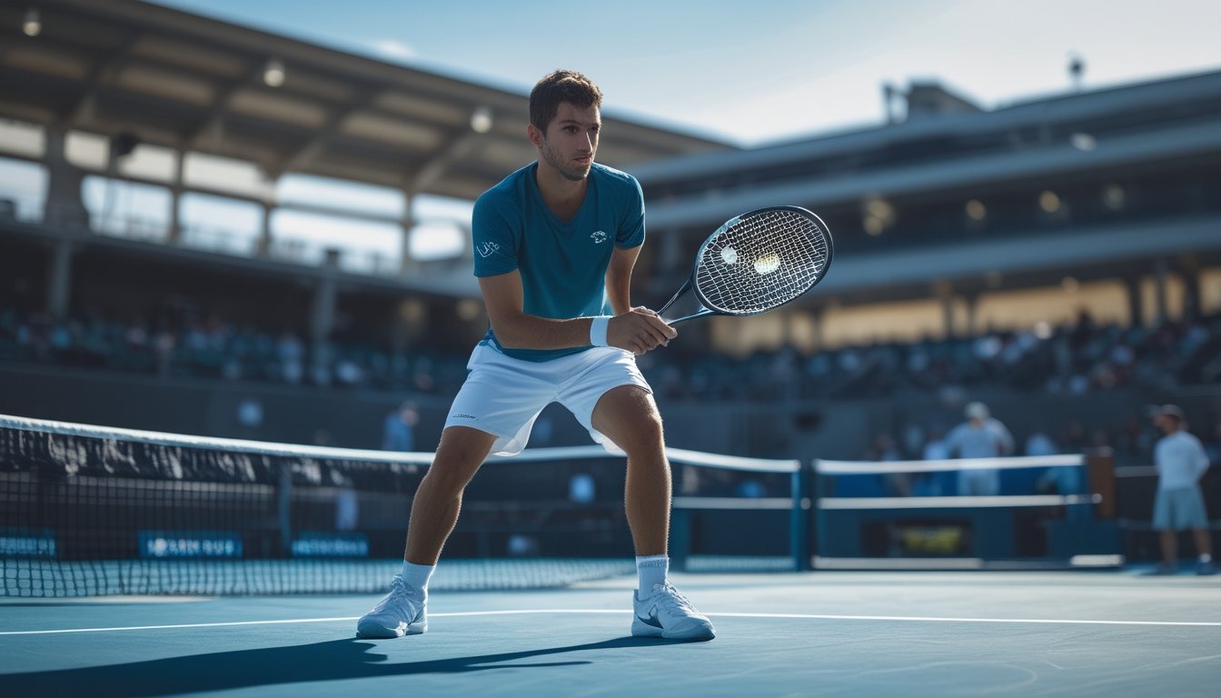 Petenis yang bersiap bertanding di lapangan tenis.