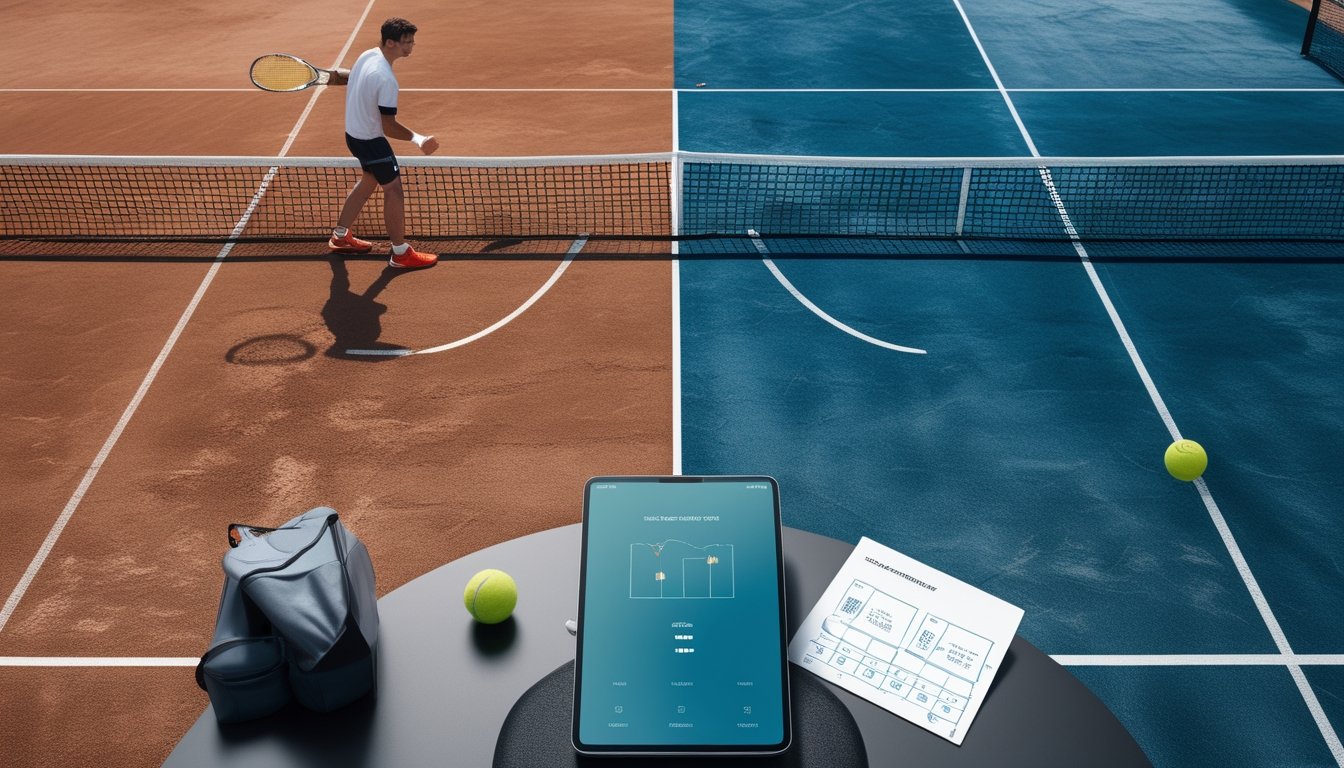 Pemain tenis bersiap bertanding di lapangan tanah liat dan lapangan keras, dengan tablet analisis di sisi lapangan.