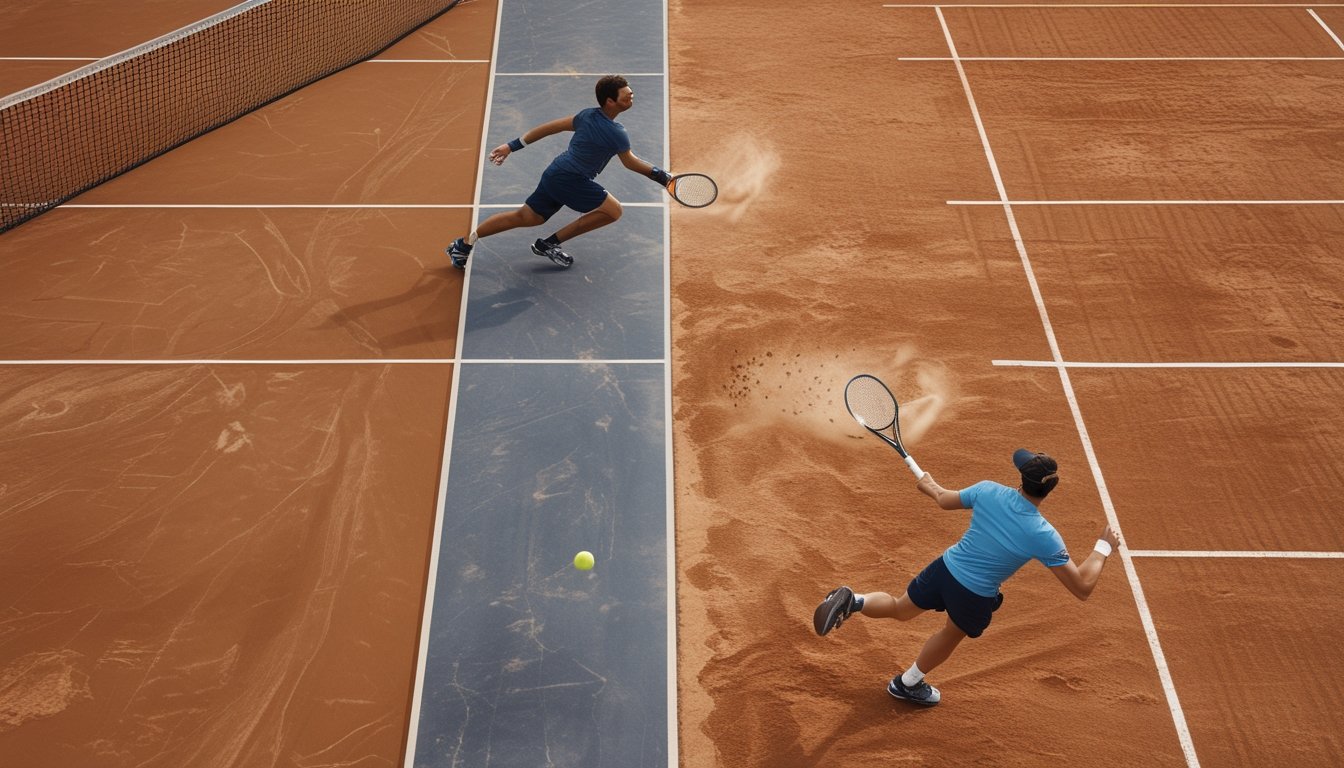 Pemain tenis bergerak mengejar bola di lapangan tanah liat dan lapangan keras.